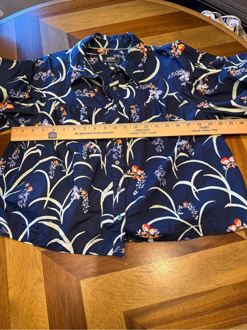 Anthropologie Maeve The Zooey Bubble-Sleeve floral Blouse navy button medium - Picture 6 of 7